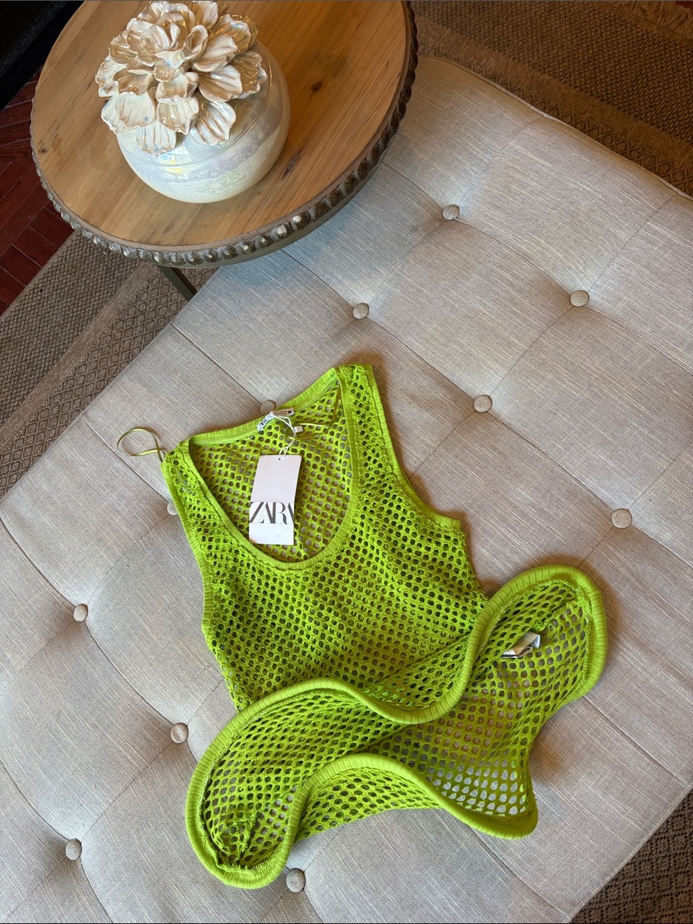 NWT ZARA Neon Lime Open-Knit Mesh Top Size Small